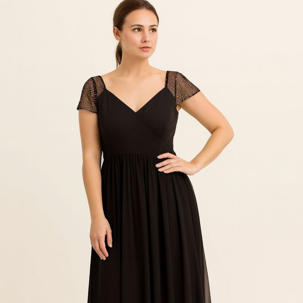 JJ’s House Formal Tulle Embellished Short Sleeve Dress Black 12
